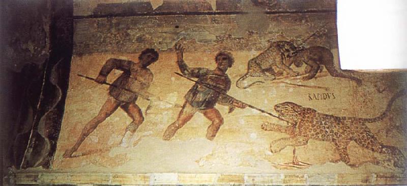 unknow artist Fresco in the main hall of the Hunting Baths at Lepcis Magna oil painting image